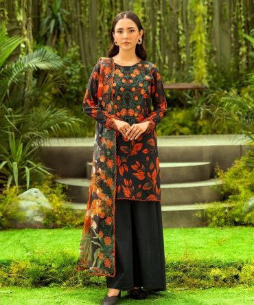 Classic Black Floral Lawn 3PC Unstitched Suit | GLOROUS
